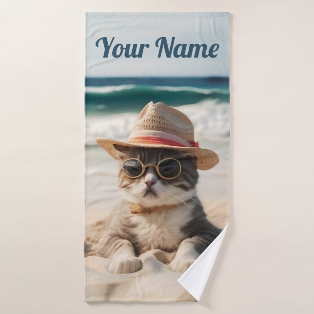 Coole Katze am Strand mit Sonnenbrille und Hut - Badehandtuch (Badehandtuch)