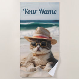 Coole Katze am Strand mit Sonnenbrille und Hut - Strandtuch