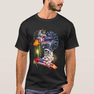 Coole Katze fährt Rakete USA Feuerwerk US Astronau T-Shirt
