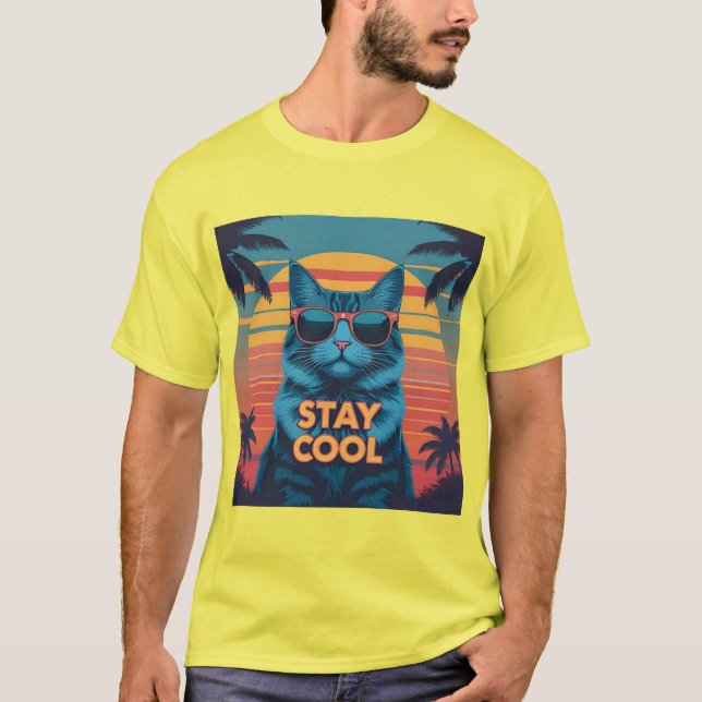 Coole Katze im Paradies T-Shirt - Retro Neon Sunse (Vorderseite)