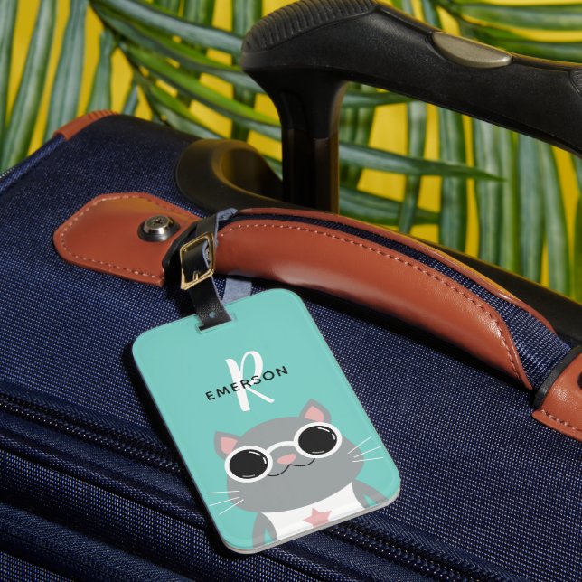 Coole Katze mit Monogramm der Sonnenbrille-| Gepäckanhänger (Vorderseite Insitu 1)