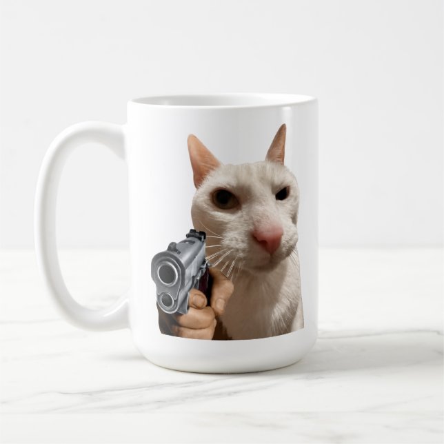 Coole Katze mit Pistole Lustiges Meme Kaffeetasse (Links)