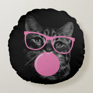 Coole Katze mit rosafarbener Brille und blühendem  Rundes Kissen