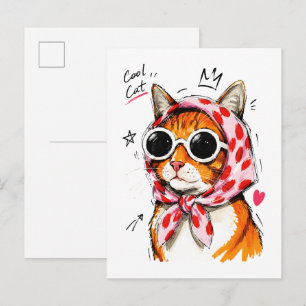Coole Katze mit Sonnenbrille & gepunktetem Kopftuc Postkarte