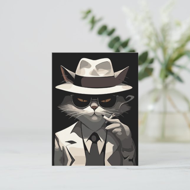 Coole Katze Noir: Suave und mysteriöse Feline Postkarte (Stehend Vorderseite)