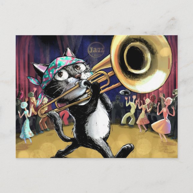 Coole Katze spielt Jazz auf Saxophon Postkarte (Vorderseite)