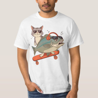 Coole Katze und Karpfen auf Skateboard - Sonnenbri T-Shirt