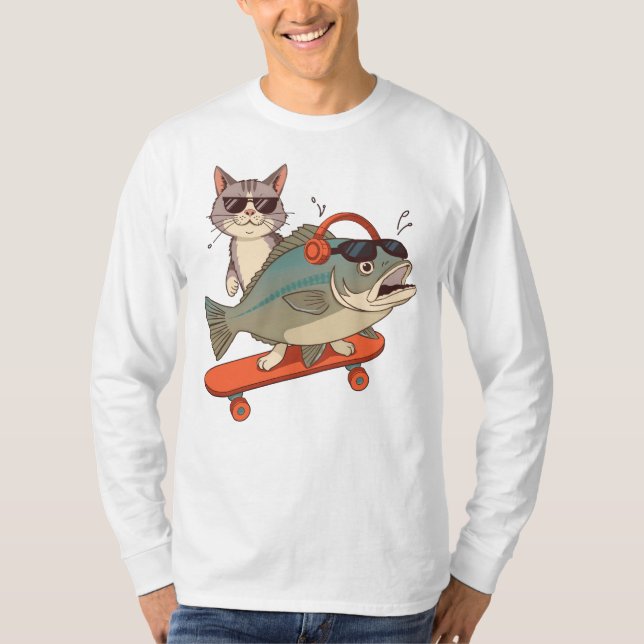 Coole Katze und Karpfen auf Skateboard T-Shirt (Vorderseite)