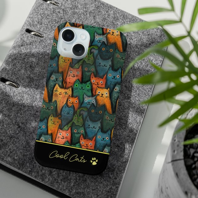 Coole Katzen Aquarellfarben Schwarz iPhone 15 Hülle (Cool Cats Watercolor Colorful Black iPhone 15 Case)