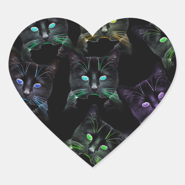 Coole Katzen auf Schwarz! mehrfarbige Katzen Herz-Aufkleber (Vorderseite)