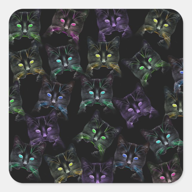Coole Katzen auf Schwarz! mehrfarbige Katzen Quadratischer Aufkleber (Vorderseite)