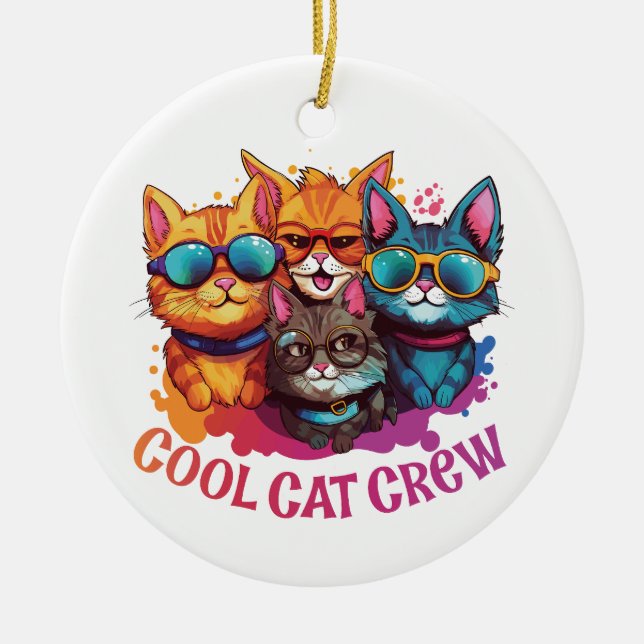 Coole Katzen Crew zusammengesetzte Katzen mit Sonn Keramik Ornament (Vorne)