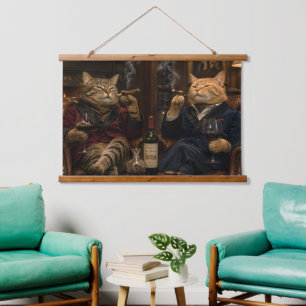 Coole Katzen genießen Wein und Zigarren! Wandteppich Mit Holzrahmen