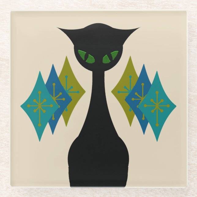 Coole Katzen-Mitte- des Jahrhundertsmoderner Glasuntersetzer (Vorderseite)