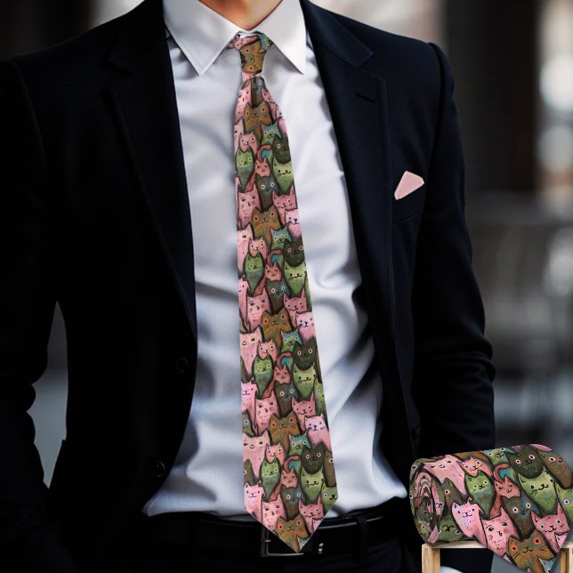 Coole Katzen Nahtlose Muster Krawatte - Rosa und G (Cool Cats Seamless Pattern Tie - Pink & Green Fun (2))