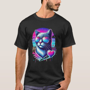 Coole Katzen-Sonnenbrille mit bunter Herz Katze T-Shirt