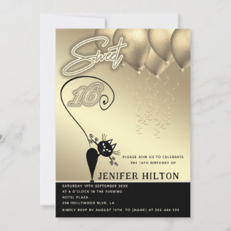 Coole Katzenkatze, schwarzer Goldballon, süß 16 Einladung