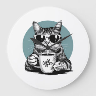 Coole Katzmorgende � Kaffee, Sonnenbrille & Attitü Große Wanduhr