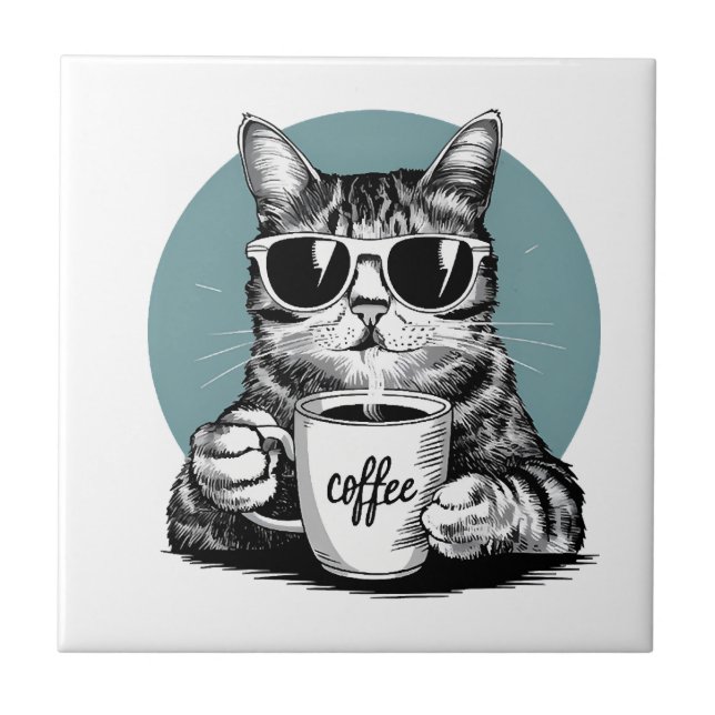Coole Katzmorgende � Kaffee, Sonnenbrillen & Attit Fliese (Vorderseite)