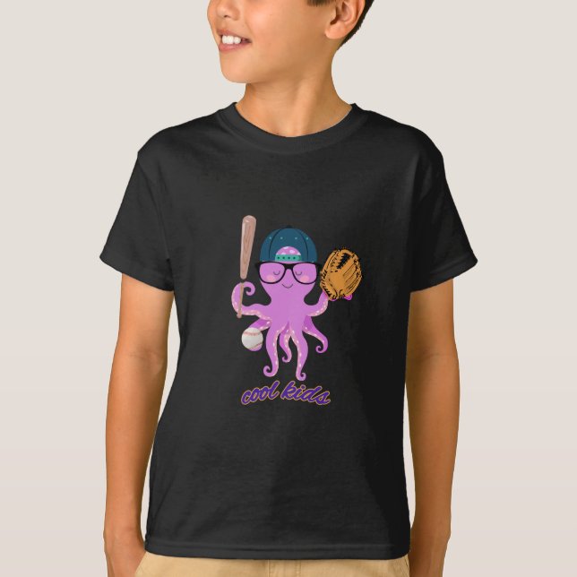 Coole Kinder Baseballoktopus T-Shirt (Vorderseite)