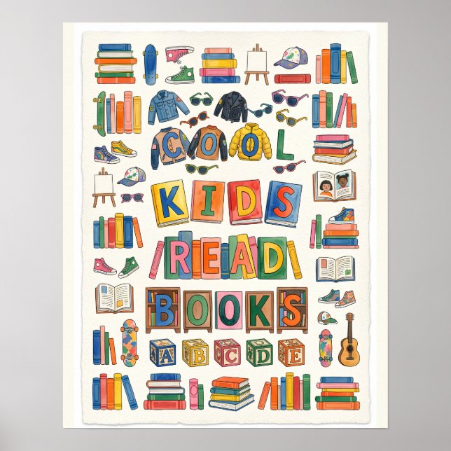 Coole Kinder lesen Bücher Wasserfarbenposter Poster (Vorne)