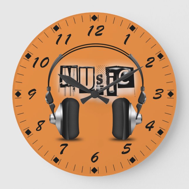 Coole Kopfhörer mit der Wort Musik Große Wanduhr (Vorderseite)