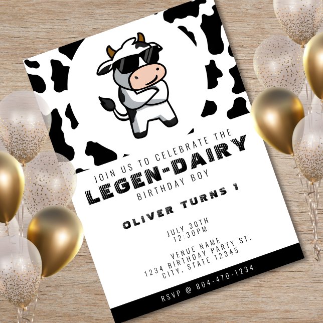 Coole Kuh Print Foto 1. Geburtstag Einladung (Cool Cow Print Photo 1st Birthday Invitation)