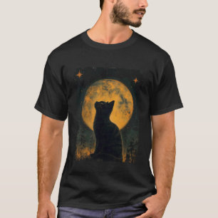 Coole Kunstgrafik schwarze Katze mit Mond T-Shirt