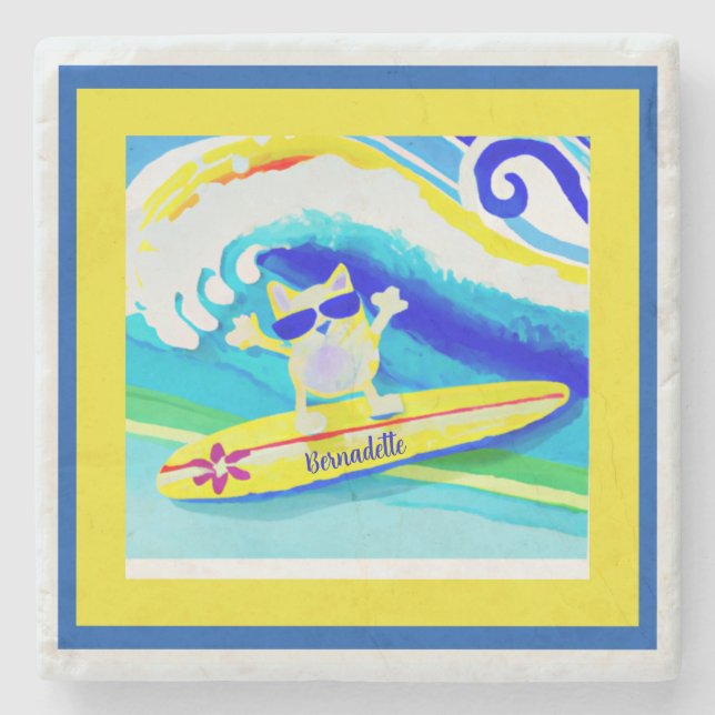 Coole Küstenstrandvibes Surfer Cat Name Steinuntersetzer (Vorderseite)
