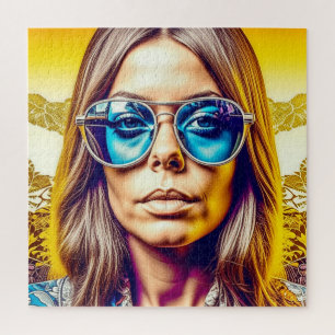 Coole Lady in Blauer Sonnenbrille Puzzle