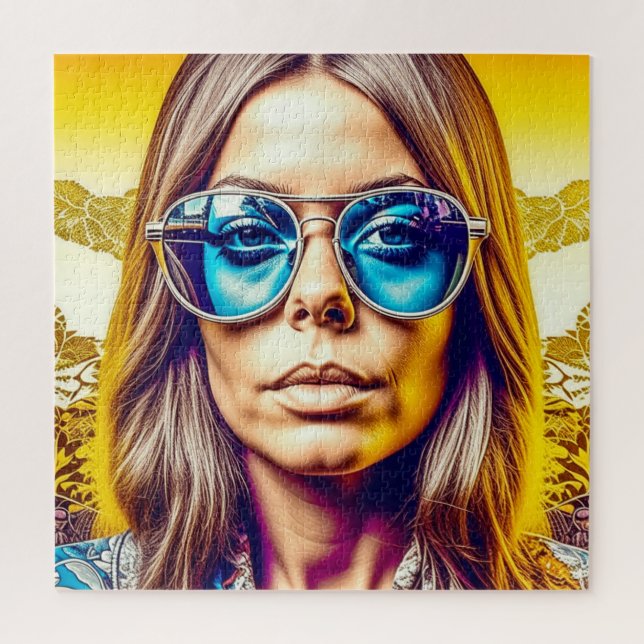 Coole Lady in Blauer Sonnenbrille Puzzle (Vertikal)