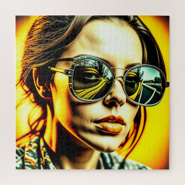 Coole Lady in Sonnenbrille Reflektion einer Straße Puzzle (Vertikal)