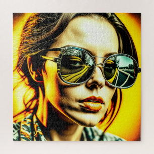 Coole Lady in Sonnenbrille Reflexion einer Straße Puzzle