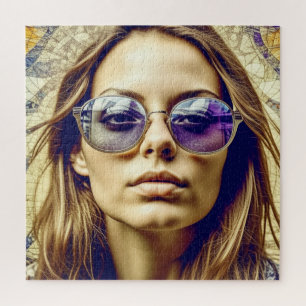 Coole Lady mit Reflektion in ihrer Sonnenbrille Puzzle