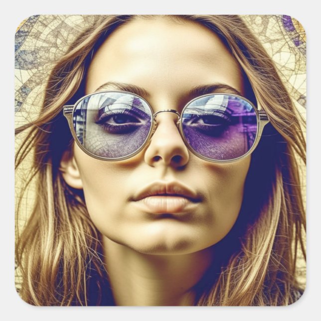 Coole Lady mit Reflektion in ihrer Sonnenbrille Quadratischer Aufkleber (Vorderseite)