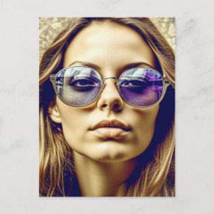 Coole Lady mit Spiegelung in ihrer Sonnenbrille Postkarte
