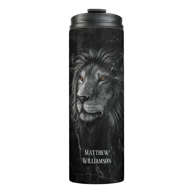 Coole Lion Black Marble Hintergrund Ihr Name  Thermosbecher (Vorderseite)