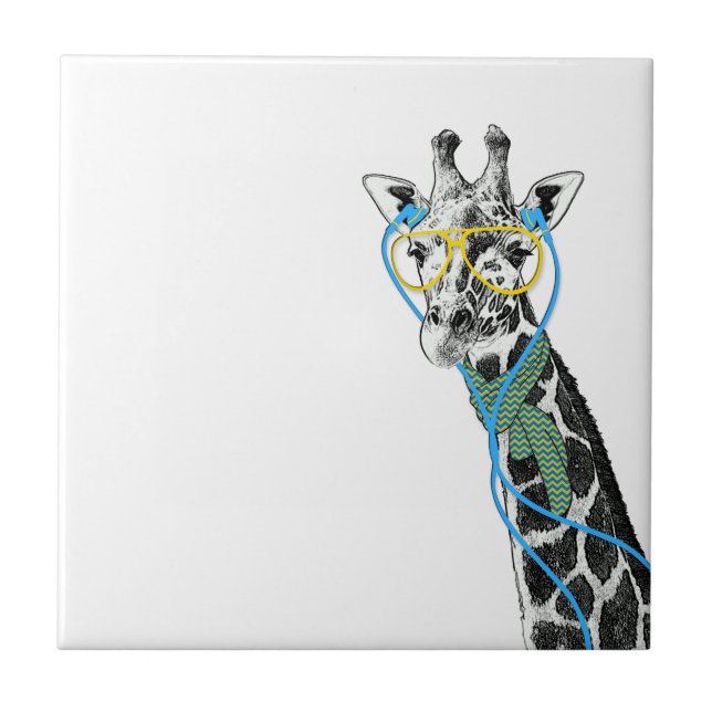 Coole lustige trendy Giraffe mit Brille, Ohrhörern Fliese (Vorderseite)