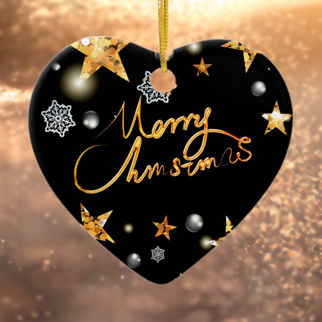 Coole Metallic Gold Black Stars Merry Xmas Script Keramik Ornament (Von Creator hochgeladen)