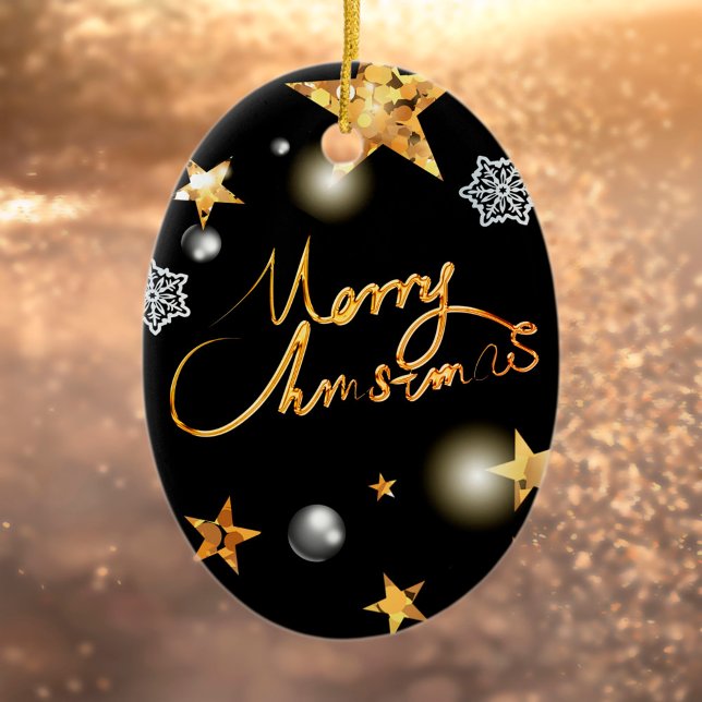 Coole Metallic Gold Black Stars Merry Xmas Script Keramik Ornament (Von Creator hochgeladen)