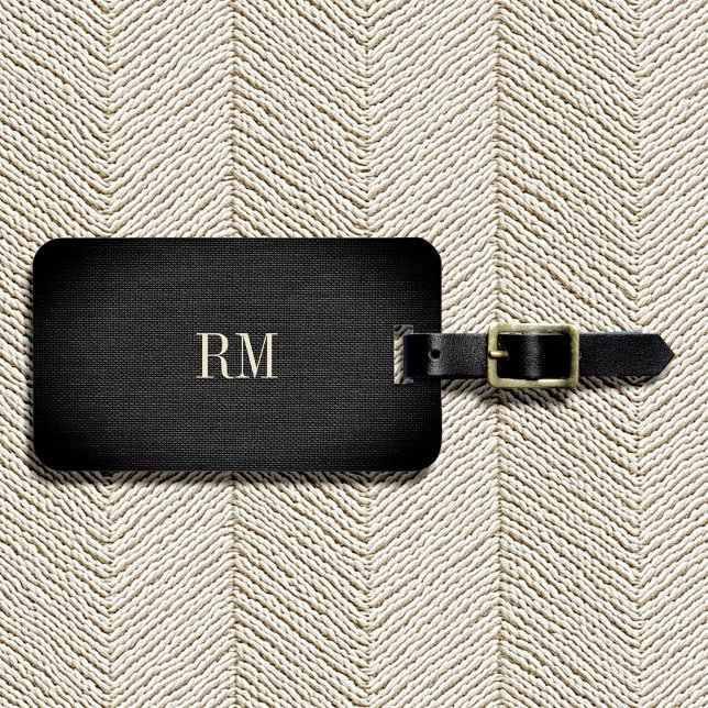 Coole moderne, elegante Black Linen Monogram-Adres Gepäckanhänger (Von Creator hochgeladen)