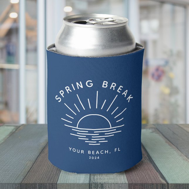 Coole, moderne Frühjahr-Break-Custom-Lage Dosenkühler (A navy blue can cooler with "Spring Break" and a minimalist sunset design + custom text)