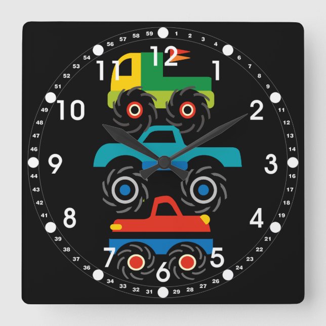 Coole Monster Trucks Blaue grüne Geschenke für Jun Quadratische Wanduhr (Vorderseite)