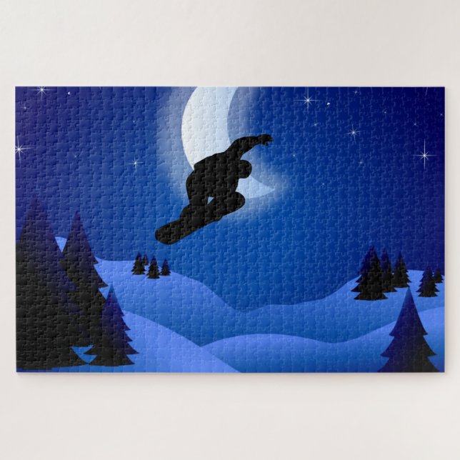 Coole Nacht Silhouette Snowboarden Puzzle (Horizontal)