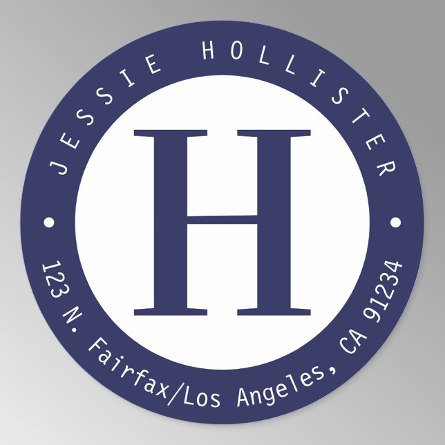 Coole Navy Blue Circle Monogram Rücksendeadresse Runder Aufkleber (Von Creator hochgeladen)