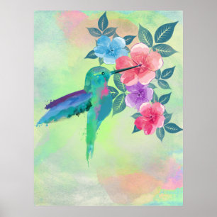 Coole, niedliche Aquarellfarben mit Kolibri Poster