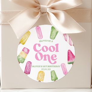 Coole One Pink Retro-Eis-am-Stiel 1. Geburtstagsfe Runder Aufkleber