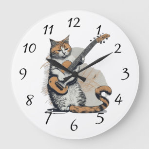Coole orange Katze, die auf der Gitarre jammert Große Wanduhr