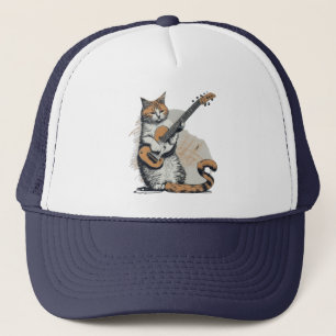 Coole orange Katze, die auf der Gitarre jammert Truckerkappe