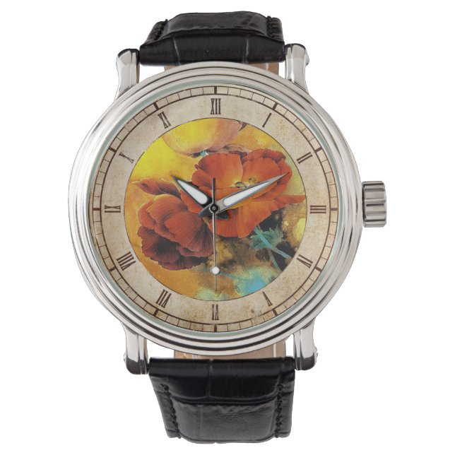 Coole orientalische Mohnblüte Blume Aquarell Armbanduhr (Vorderseite)